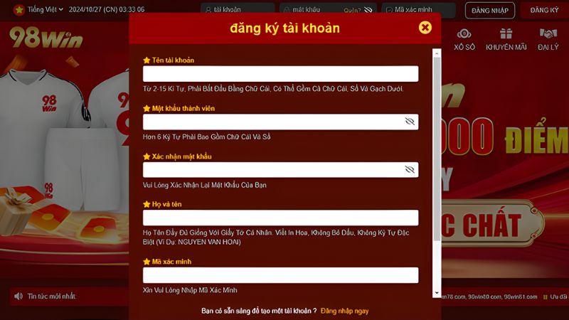 Người chơi điền đầy đủ thông tin đăng ký 98Win mà hệ thống yêu cầu